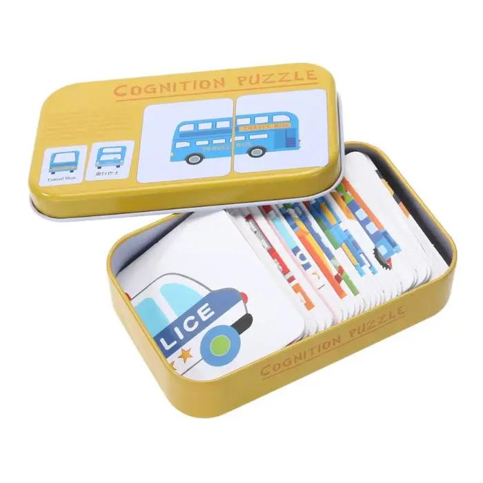 Puzzle de Cognition pour bébé 3-6T, jouets pour enfants, boîte en fer, cartes de jeu assorties, carte cognitive, voiture, fruits, vie animale