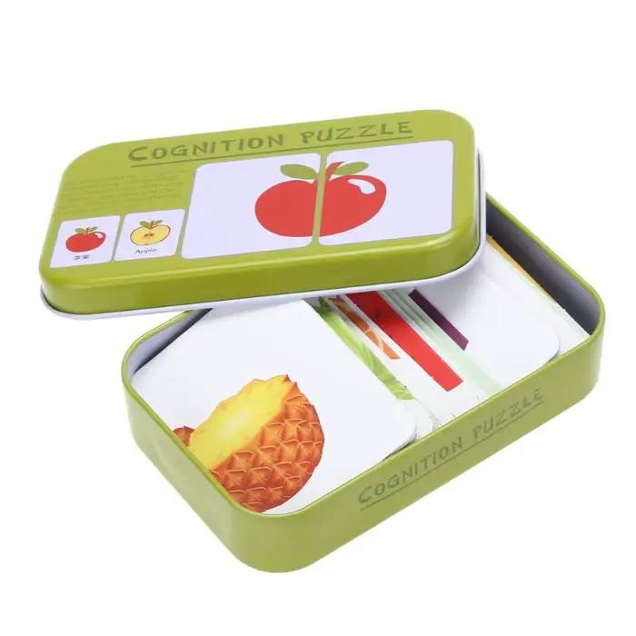 Puzzle de Cognition pour bébé 3-6T, jouets pour enfants, boîte en fer, cartes de jeu assorties, carte cognitive, voiture, fruits, vie animale