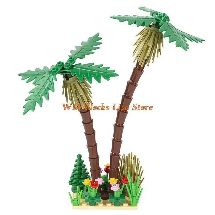 Blocs de construction de jouets pour enfants, cocotier, palmier, herbe, petite fleur, vue sur la rue, paysage Tropical, bord de mer, vacances, cadeaux MOC