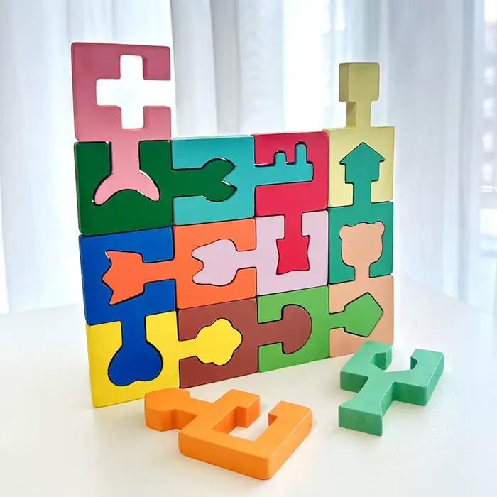 16 pièces de puzzles en bois colorés pour enfants