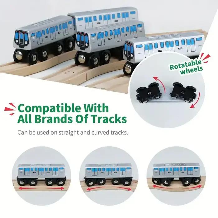 Trains jouets en bois avec corps argenté arc-en-ciel