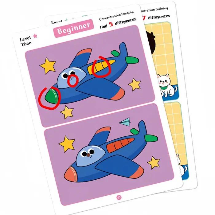 Jeu de cartes de recherche de différences réutilisable, puzzle éducatif de dessins animés pour enfants, trois niveaux de difficulté pour l'entraînement de la concentration et de l'attention