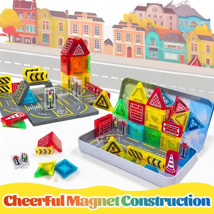 Ensemble de Construction de Route Magnétique Jouets Educatifs Montessori Plastique 32 58 Pièces Boîte en Fer Occasions Spéciales Jeu Créatif Pour Enfants