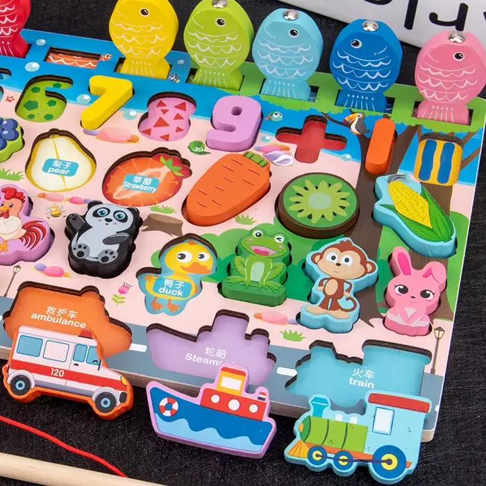 Jeu de pêche magnétique en bois sept-en-un avec tableau logarithmique