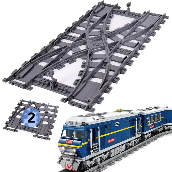 Train de ville, Points gauche droite, voies de croisement flexibles, Rails bifurcés, blocs de construction droits et incurvés, jouets en brique, vente en gros