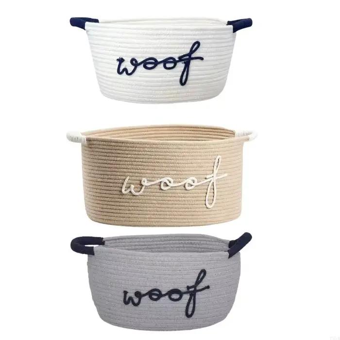 Panier rangement en corde coton fabriqué à main pour jouets chien, avec des motifs pieds d'animaux des pour