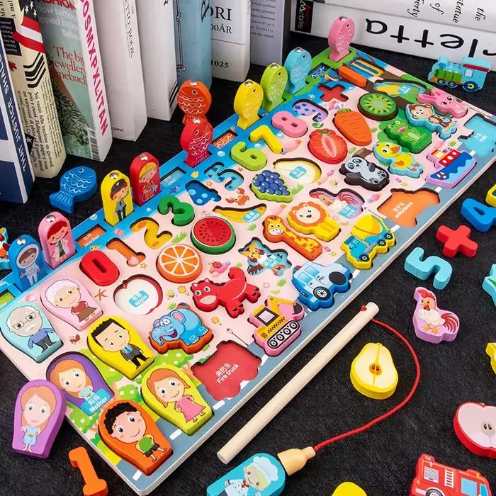 Jeu de pêche magnétique en bois sept-en-un avec tableau logarithmique