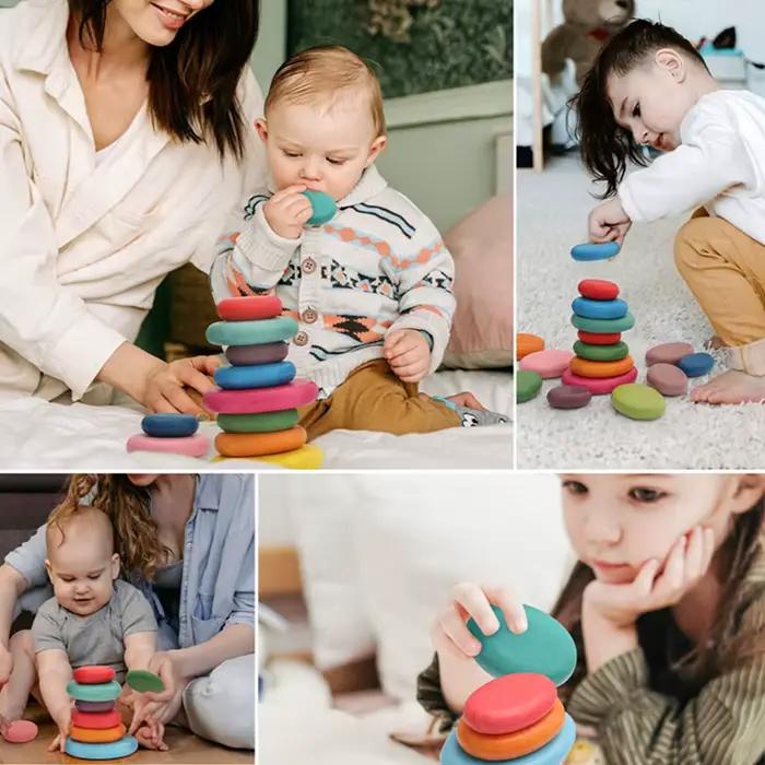 Blocs de construction en bois pour bébé, jouet éducatif Montessori sans BPA, pierre empilée arc-en-ciel, jouets empilables équilibrés, cadeaux pour enfants