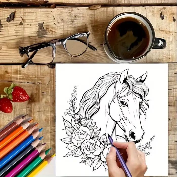 28 pages beau livre de coloriage du monde des chevaux pour la réduction du stress des adultes |   Livre de coloriage pour soulager le stress et réduire l'humeur