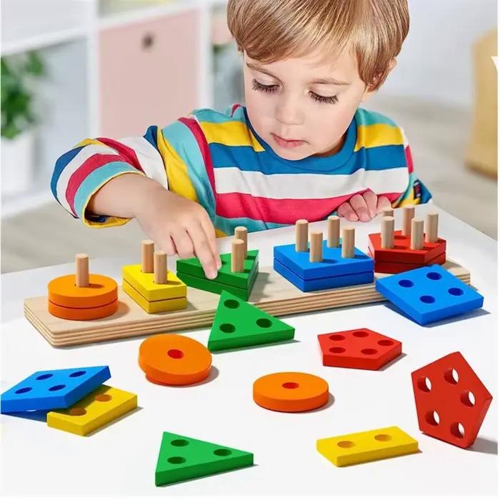 Jouets en bois Montessori, jeu de Puzzle assorti de couleurs et de formes, perles colorées, Cognition des couleurs, jouets éducatifs précoces, cadeau pour enfants