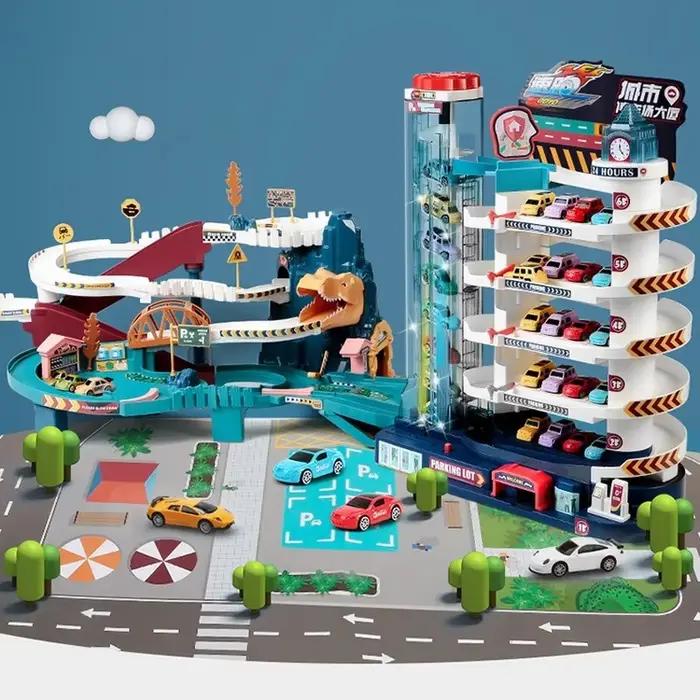 Voiture sur Rail électrique dinosaure bâtiment Parking aventure course voiture sur Rail jouets enfants cerveau mécanique interactif voitures sur Rail
