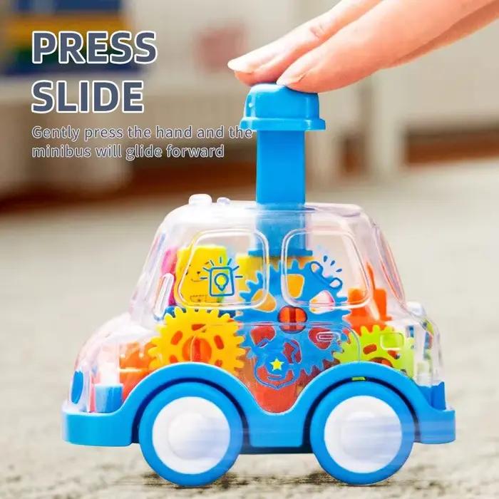 Jouet de voiture à engrenages de presse de dessin animé pour enfants, voiture transparente rétractable, Puzzle pour bébé, jouet coulissant, cadeau pour enfant garçon et fille de 1 à 3 ans