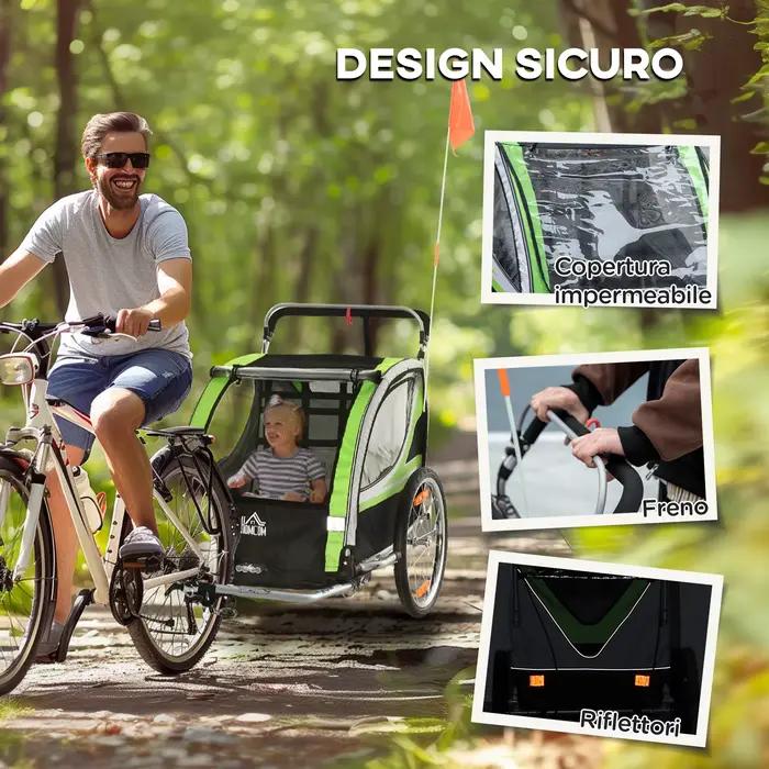 Remorque et poussette 2-en-1 HOMCOM pour enfants avec frein, ceinture 5 points, remorque de vélo avec poches latérales pour une sécurité maximale et des aventures en famille