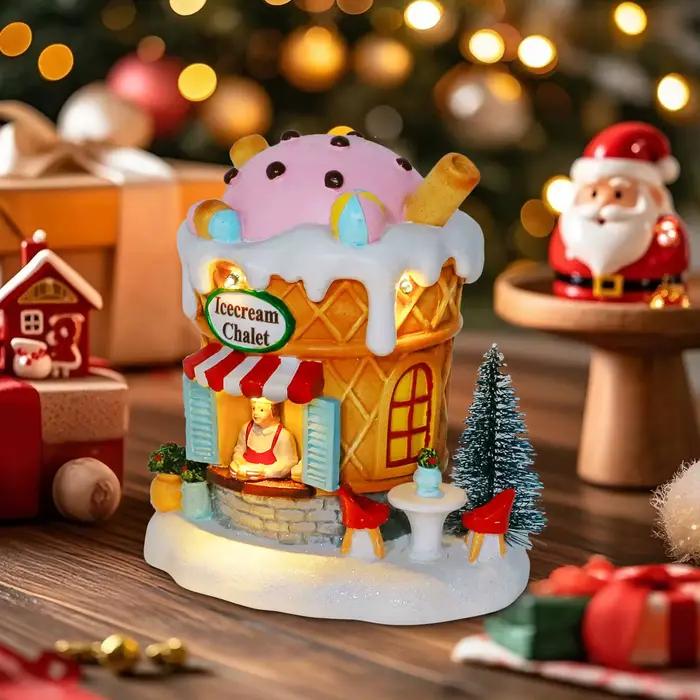 Chalet de crème glacée pré-éclairé en résine avec lumières LED pour décor de Noël intérieur, collectible, idéal pour fêtes, mariages, remerciements et Nouvel An