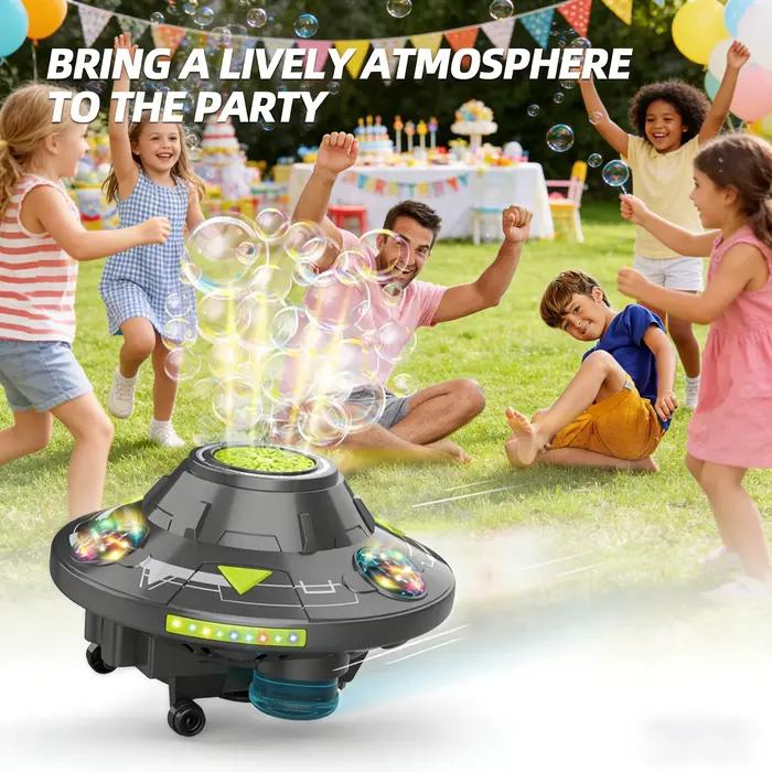 Machine à bulles UFO rotative avec éclairage clignotant et fonction anti-collision pour enfants jouant dehors occasions spéciales