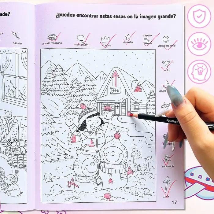 Livre de coloriage espagnol pour enfants, recherche et découverte d'images cachées, livre d'activités de puzzle visuel, livre d'éducation précoce pour tout-petits