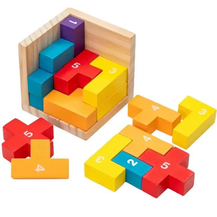 Blocs colorés casse-tête en bois Puzzle Cube logique jeux stimulants pour enfants garçons filles adultes test de QI jouets éducatifs occasions spéciales cadeaux de Noël