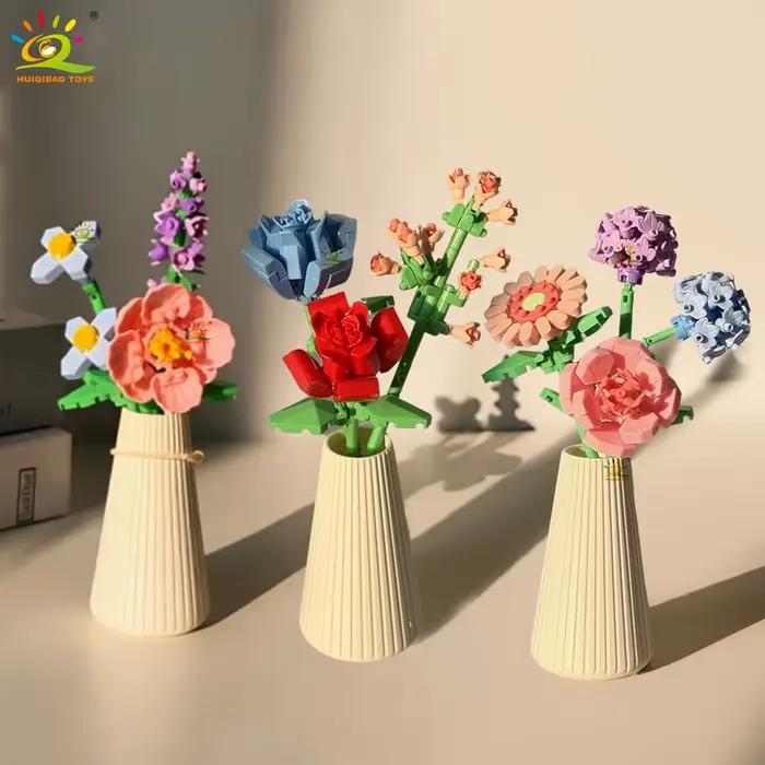HUIQIBAO MOC Bouquet de fleurs éternelles avec pot Micro bloc de construction tournesol Rose Mini modèle brique jouet