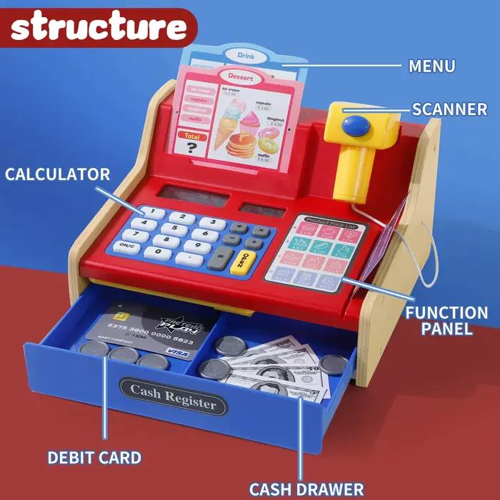 Caisse enregistreuse en bois pour jeu de simulation : véritable calculatrice incluse