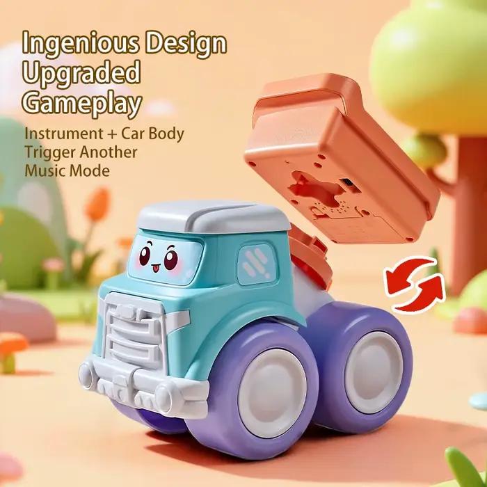 1 adorable camion musical pour bébés, avec piano, guitare et batterie ; excellent véhicule éducatif sensoriel à friction pour les jeunes enfants