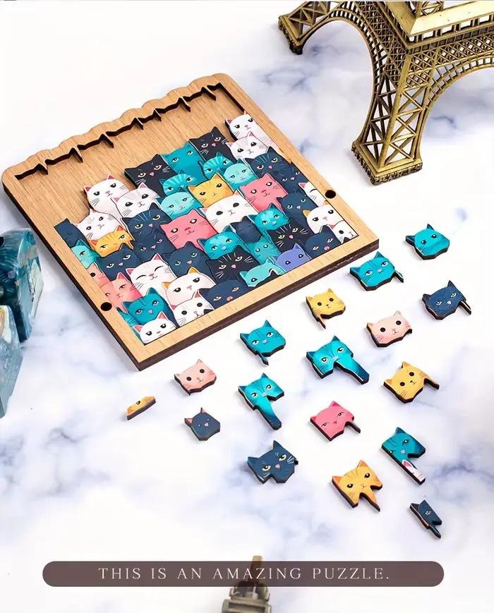 62 pièces de puzzle en bois sur le thème des chats de dessins animés