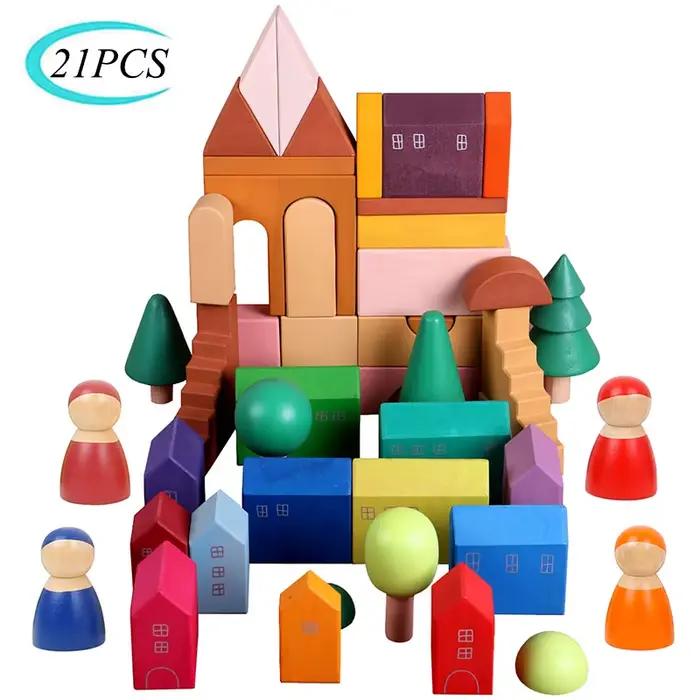 Blocs de construction Montessori en bois massif arc-en-ciel, jouet éducatif, château, marionnette, Puzzle créatif, jouet éducatif pour enfant