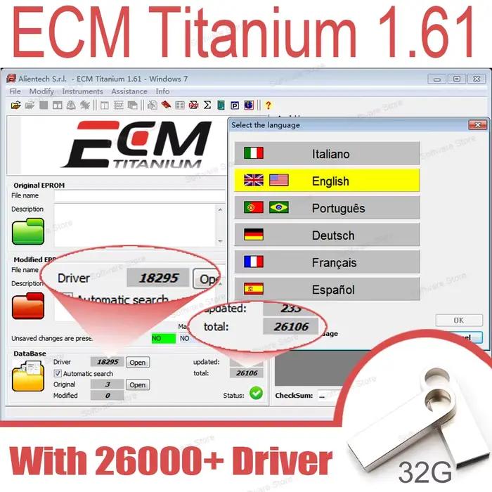 Logiciel de réparation de voiture ECM Titanium 1.61 avec plus de 26000 pilotes, lecture multilingue, décharge, ECU VO, lien avec plus de 18349 pilotes