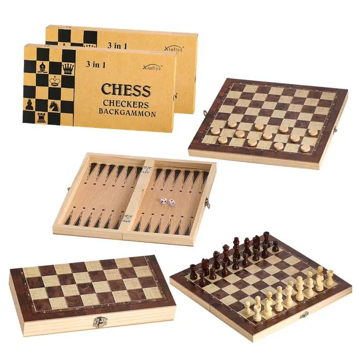 Jeu de Backgammon et d'échecs en bois 3 en 1
