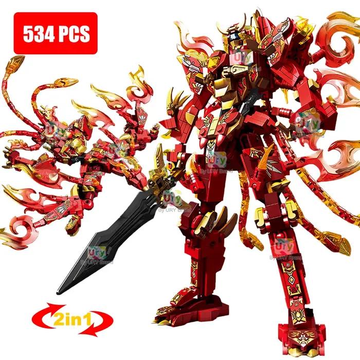 Ensemble de blocs de construction 2-en-1 Ninja Movie Red Warrior Robot Battle Mecha Flying Fire Dragon Set Fighter pour cadeau de Noël