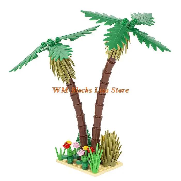 Blocs de construction de jouets pour enfants, cocotier, palmier, herbe, petite fleur, vue sur la rue, paysage Tropical, bord de mer, vacances, cadeaux MOC