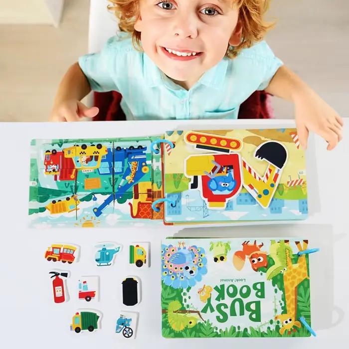 Livre Montessori Silencieux pour Enfants - Livre d'activités avec autocollants pour l'apprentissage précoce du mot-par-mot et l'éveil éducatif