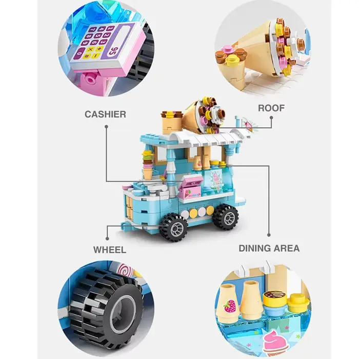 Kit de construction DIY Architecture : Magasin de crème glacée et de nourriture en blocs de rue, modèle de film classique, jouets pour filles