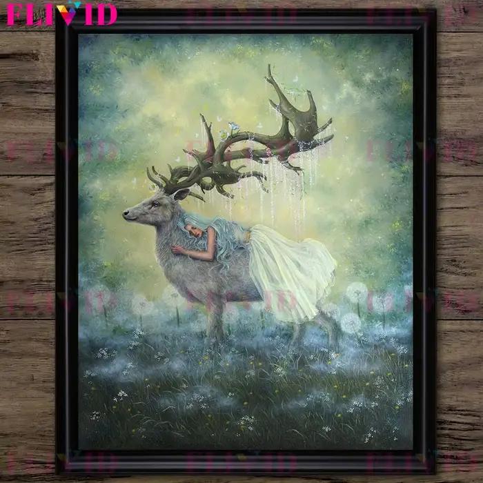 Toile d'art mural Vintage, fille elfe et animaux dans la forêt, associée un lapin mystérieux, un hibou, un ours, une affiche d'art et une décoration de maison imprimée
