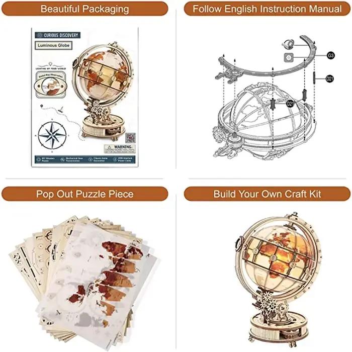 Lampe Globe en bois, jeux de puzzle 3D, cadeau d'anniversaire pour enfants et adultes, blocs de construction de décoration de maison, puzzle 3D pour enfants et adultes