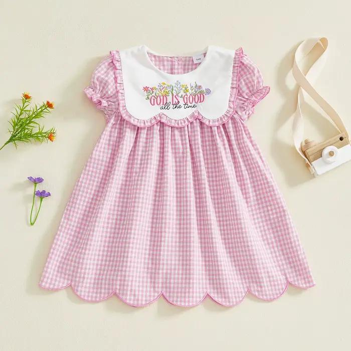 Robe de Pâques pour Bébé Fille Manches Courtes Lettres Florales Brodées Robe Trapèze Décontractée Occasions Spéciales Journée Décontractée