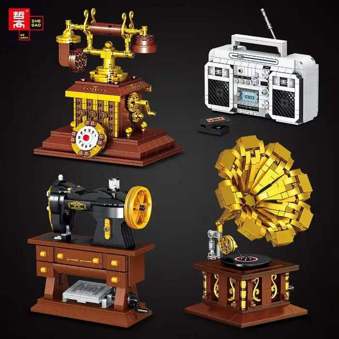 ZHEGAO Mini caisse enregistreuse rétro modèle phonographe lampe de bureau blocs de construction Microscope caméra assemblé brique jouets pour cadeau