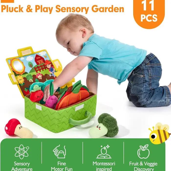 Jouets pour bébés 6-12 mois, fruits, légumes, plantes de jardin, jouets en peluche, jouet sensoriel Montessori, carotte, fleur avec hochet, miroir, couineur
