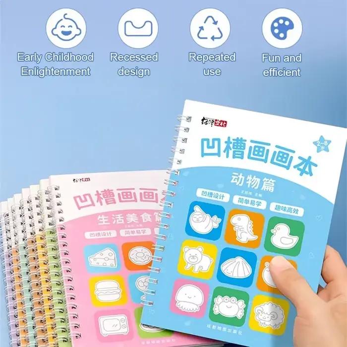 1PC Cahier Magique à Rainures pour Enfants, Livre de Dessin pour la Maternelle (3-8 Ans), Cahier de Pratique de Base pour le Dessin des Enfants