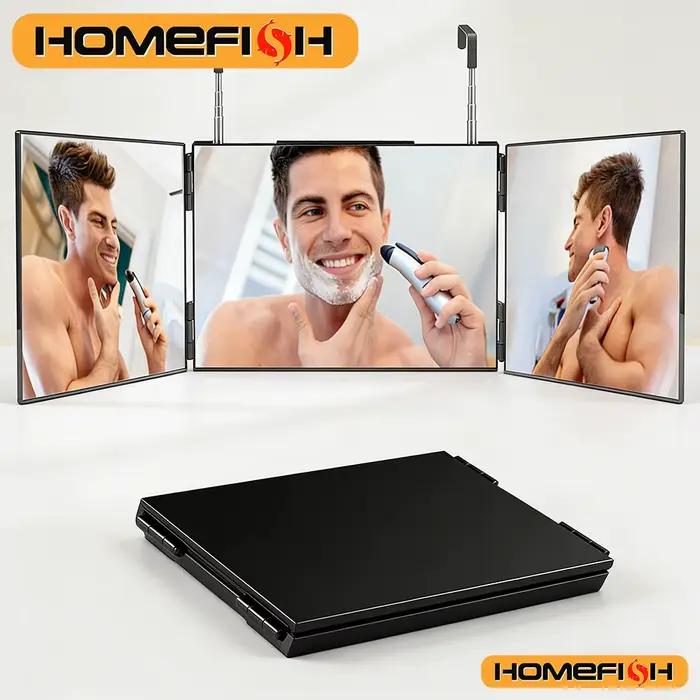 Miroir portable noir pliable à 360° avec crochets télescopiques réglables en hauteur, parfait pour la coupe de cheveux soi-même, le maquillage et l'usage quotidien