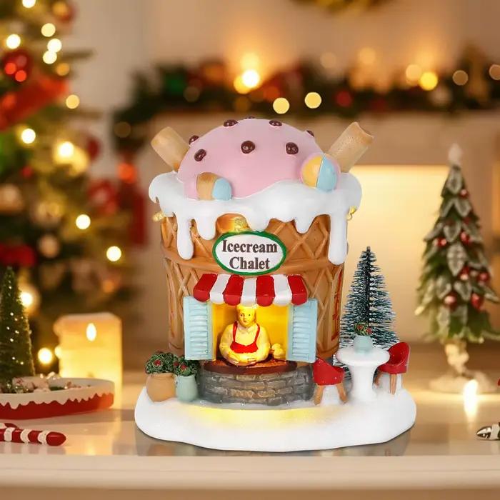 Chalet de crème glacée pré-éclairé en résine avec lumières LED pour décor de Noël intérieur, collectible, idéal pour fêtes, mariages, remerciements et Nouvel An
