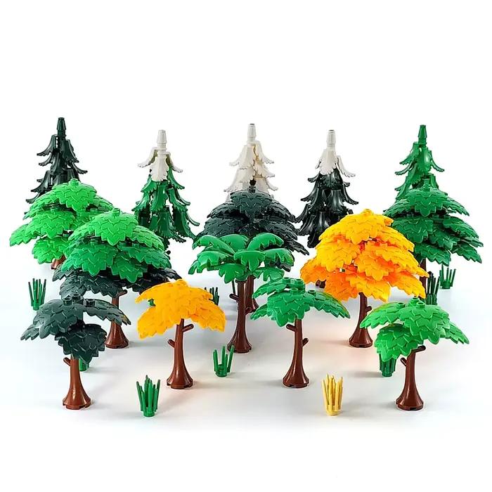 MOC – blocs de construction de jardin de ville, jouet d'arbre, assemblage de bricolage, pin, cocotier, vue sur la rue, plante forestière, tronc, feuilles, accessoires d'herbe