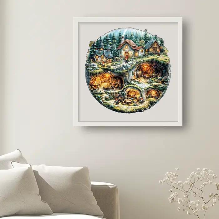 Puzzle rond en bois – Village de gnome de forêt de conte de fées avec pièces uniques en forme d'animal