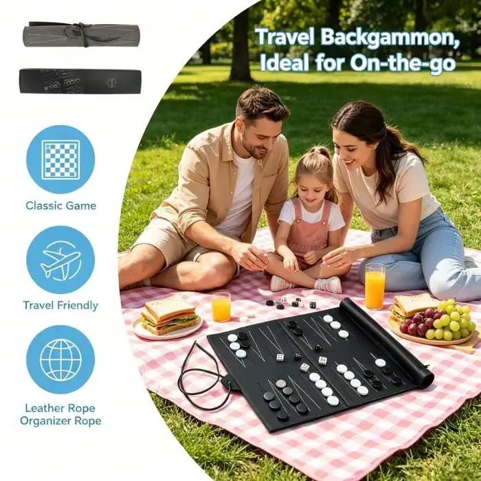 Jeu de backgammon pliable en PU pour familles et amis, idéal pour voyages, pique-niques et rassemblements, améliore l'interaction et la communication, convient aux joueurs de tous âges, adapté aux intérieurs et extérieurs