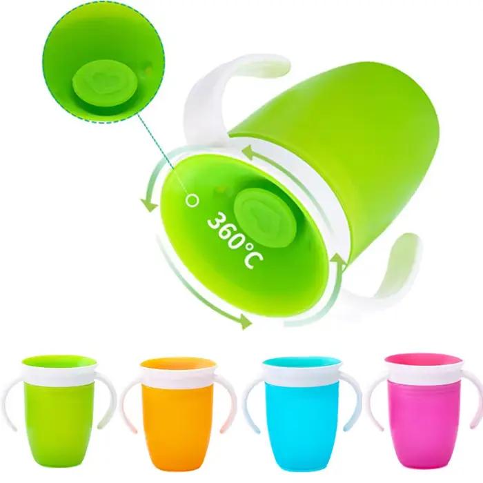 360 degrés peuvent être tournés bébé apprentissage tasse à boire avec Double poignée couvercle rabattable étanche Silico