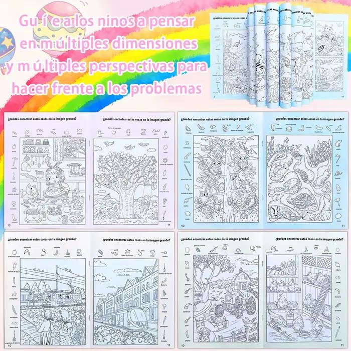 Livre de coloriage espagnol pour enfants, recherche et découverte d'images cachées, livre d'activités de puzzle visuel, livre d'éducation précoce pour tout-petits