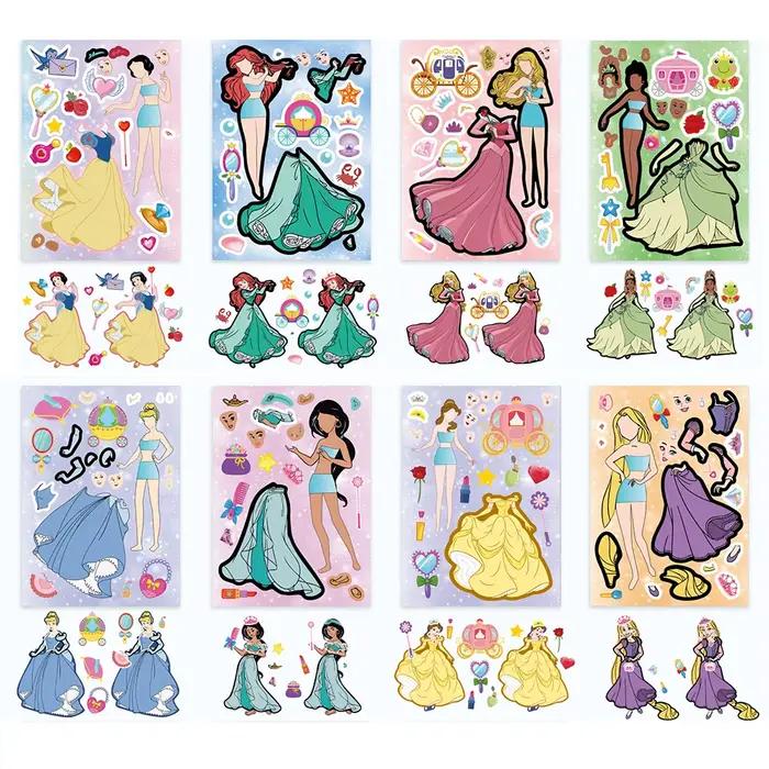 8/16 feuilles d'autocollants puzzle mignons de princesses Disney, à assembler soi-même pour créer des visages, jouet éducatif, décalcomanies, décoration de fête