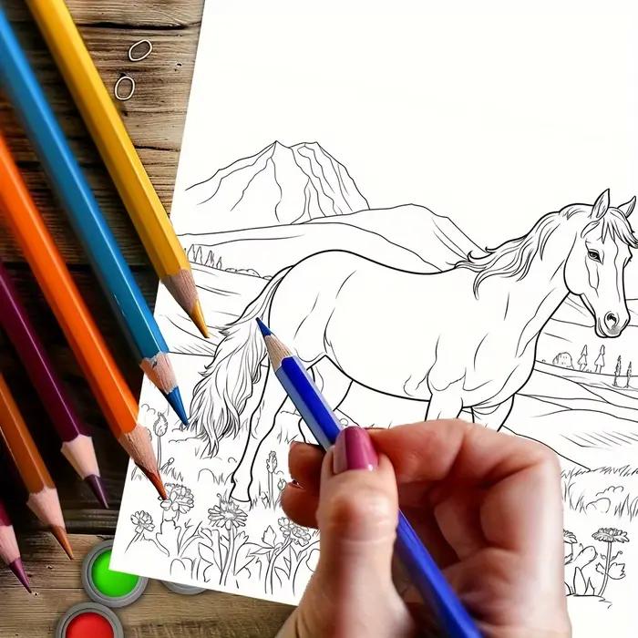 28 pages beau livre de coloriage du monde des chevaux pour la réduction du stress des adultes |   Livre de coloriage pour soulager le stress et réduire l'humeur