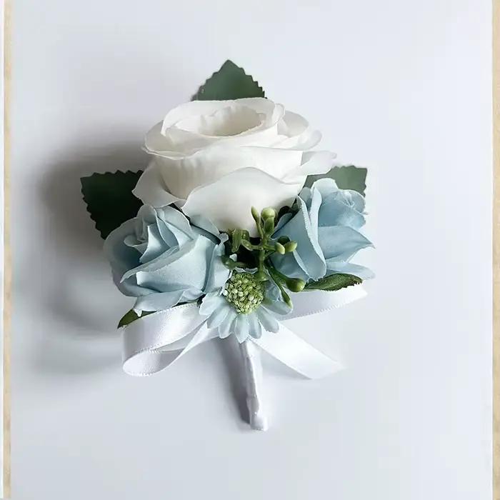 Bouquet de fleurs blanches et bleues pour mariage, accessoires de mariée, fleurs en soie, Roses artificielles, Bouquet de mariage pour mariée, demoiselle d'honneur