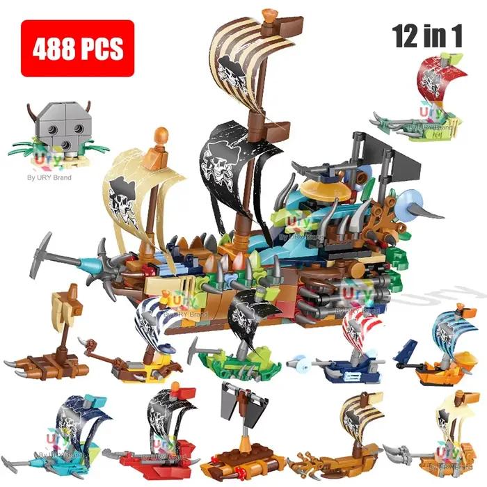 Série City 12-en-1 : Bateau pirate, Bateau d'aventure, Bateau d'expédition, Navire de film, Modèle de construction en blocs pour cadeaux