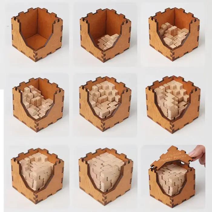 Nouveau jeu de puzzle de boîte de Cube de casse-tête de logique en bois 3D